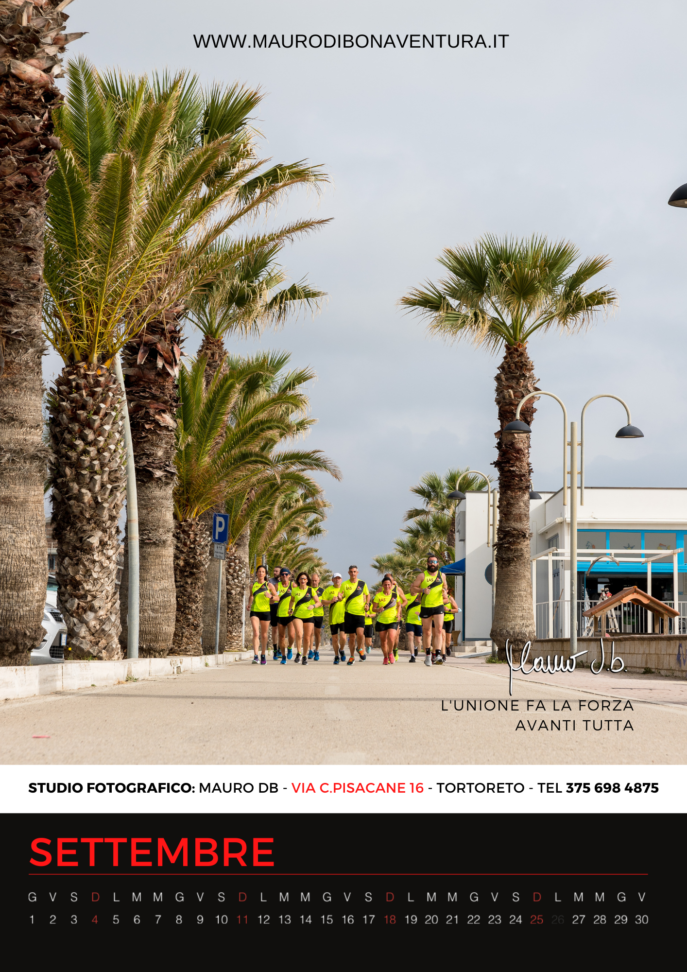Group of runners in neon yellow shirts jog along palm tree-lined coastal promenade for September.