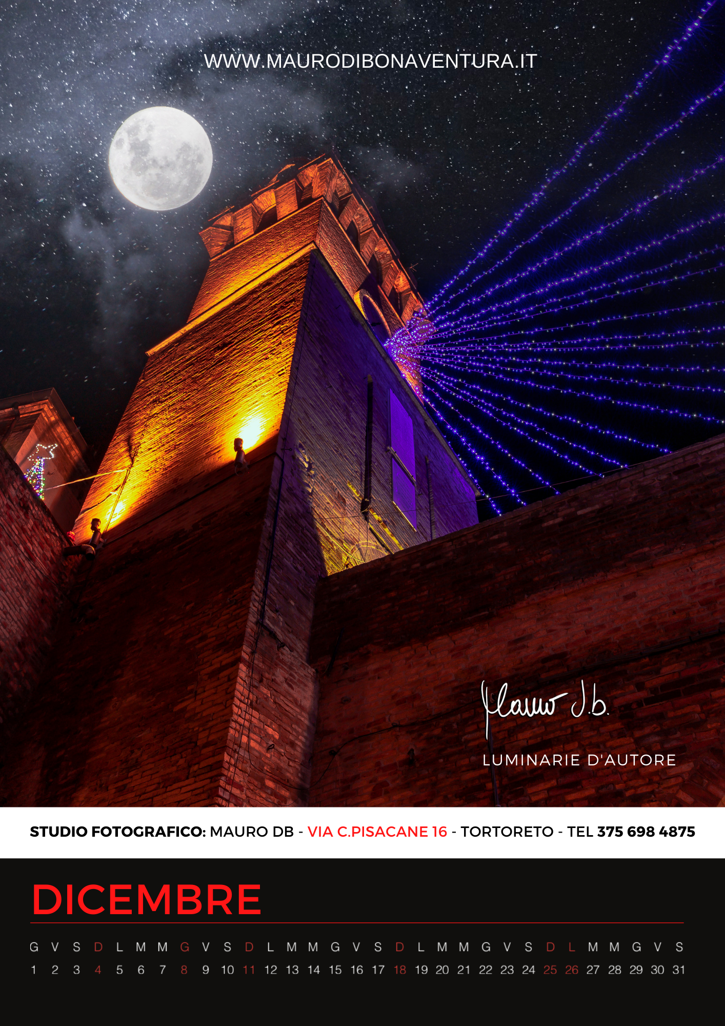 Illuminated castle tower against starry night sky with full moon and blue light beams for December.