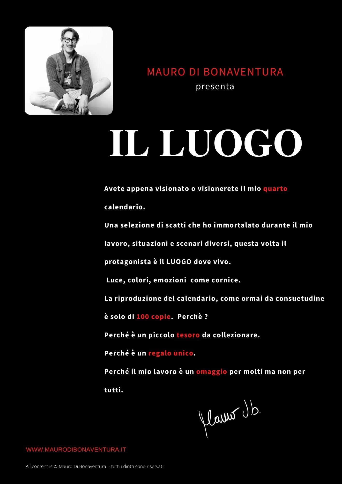 Black and white promotional text layout for 'IL LUOGO' calendar project.