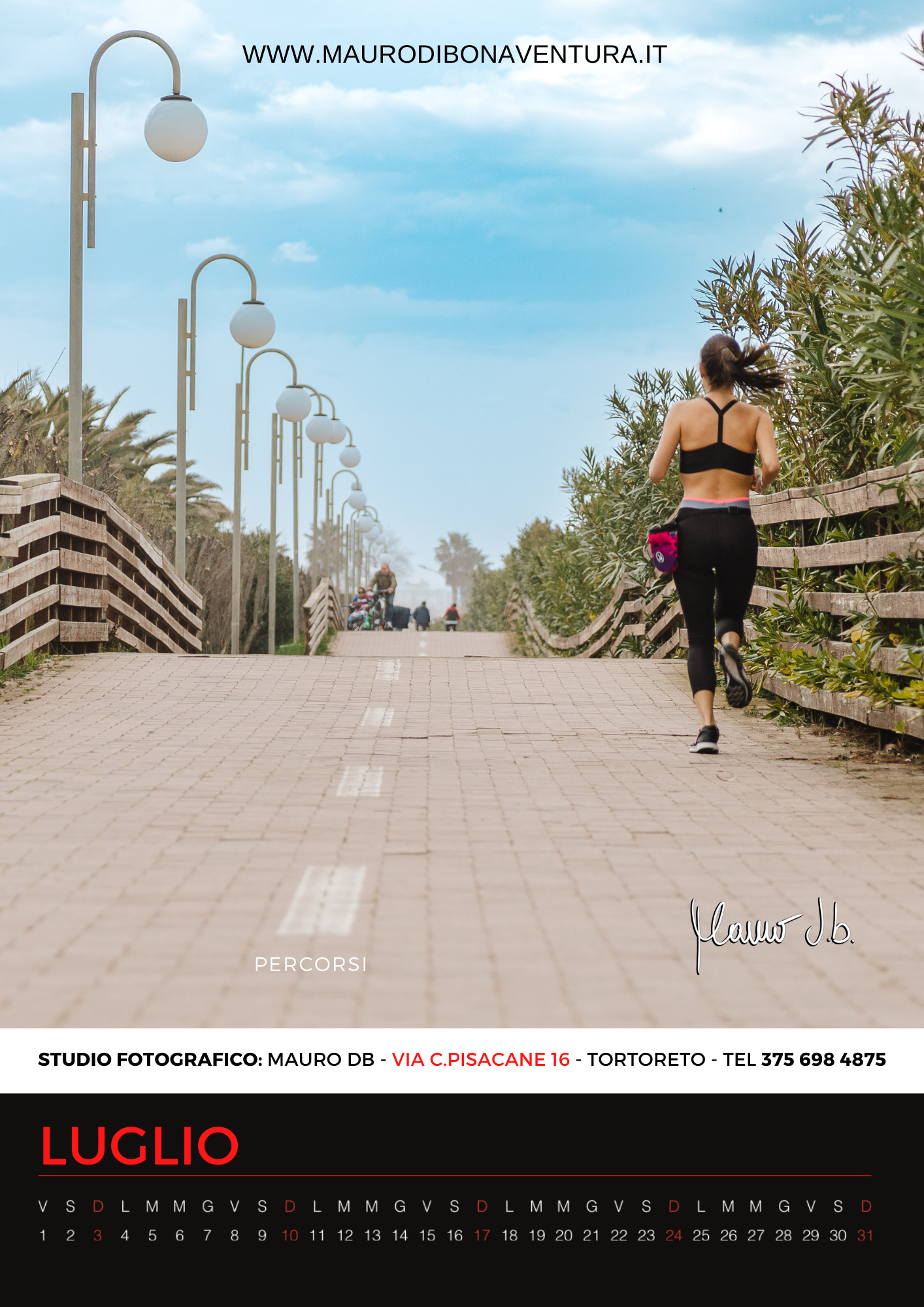 Runner exercising on a beachside boardwalk with lampposts and wooden fencing on a sunny day.