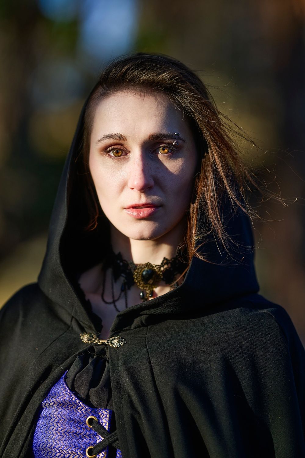 A medieval fantasy portrait showing a cloaked figure wearing a dark hood and ornate necklace in dramatic lighting.