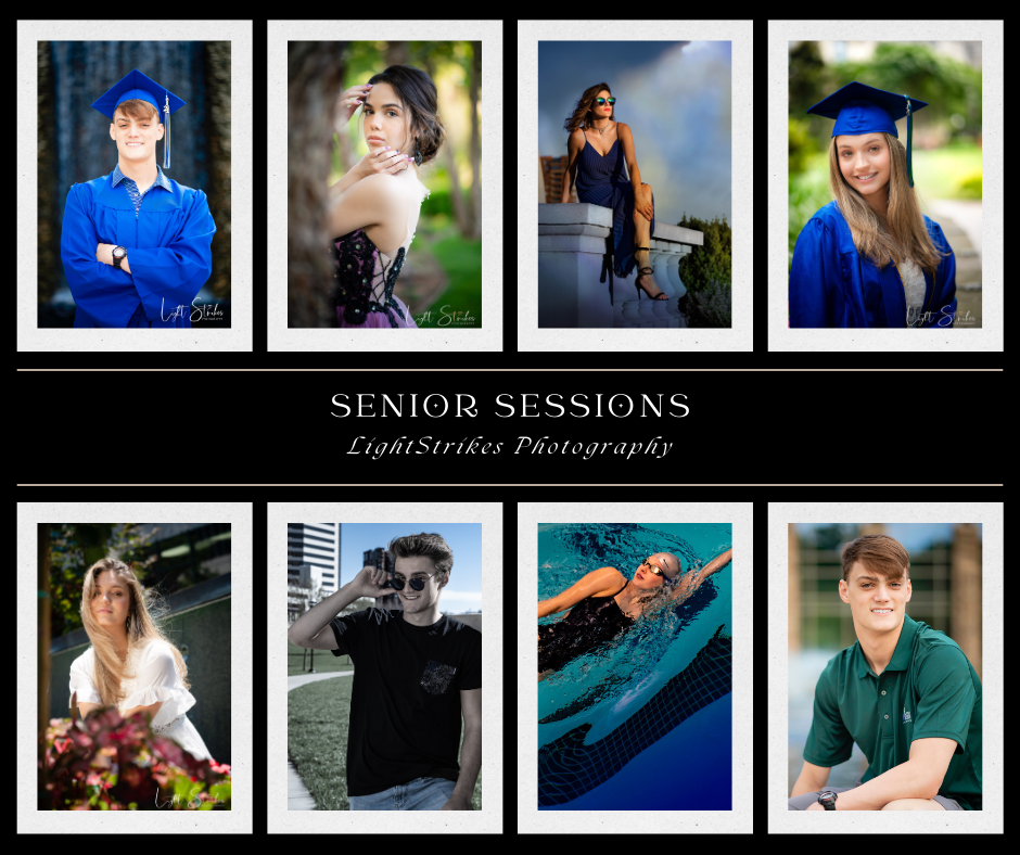 Collage of senior portrait photographs showing graduates in caps and gowns, formal wear, and casual settings outdoors.