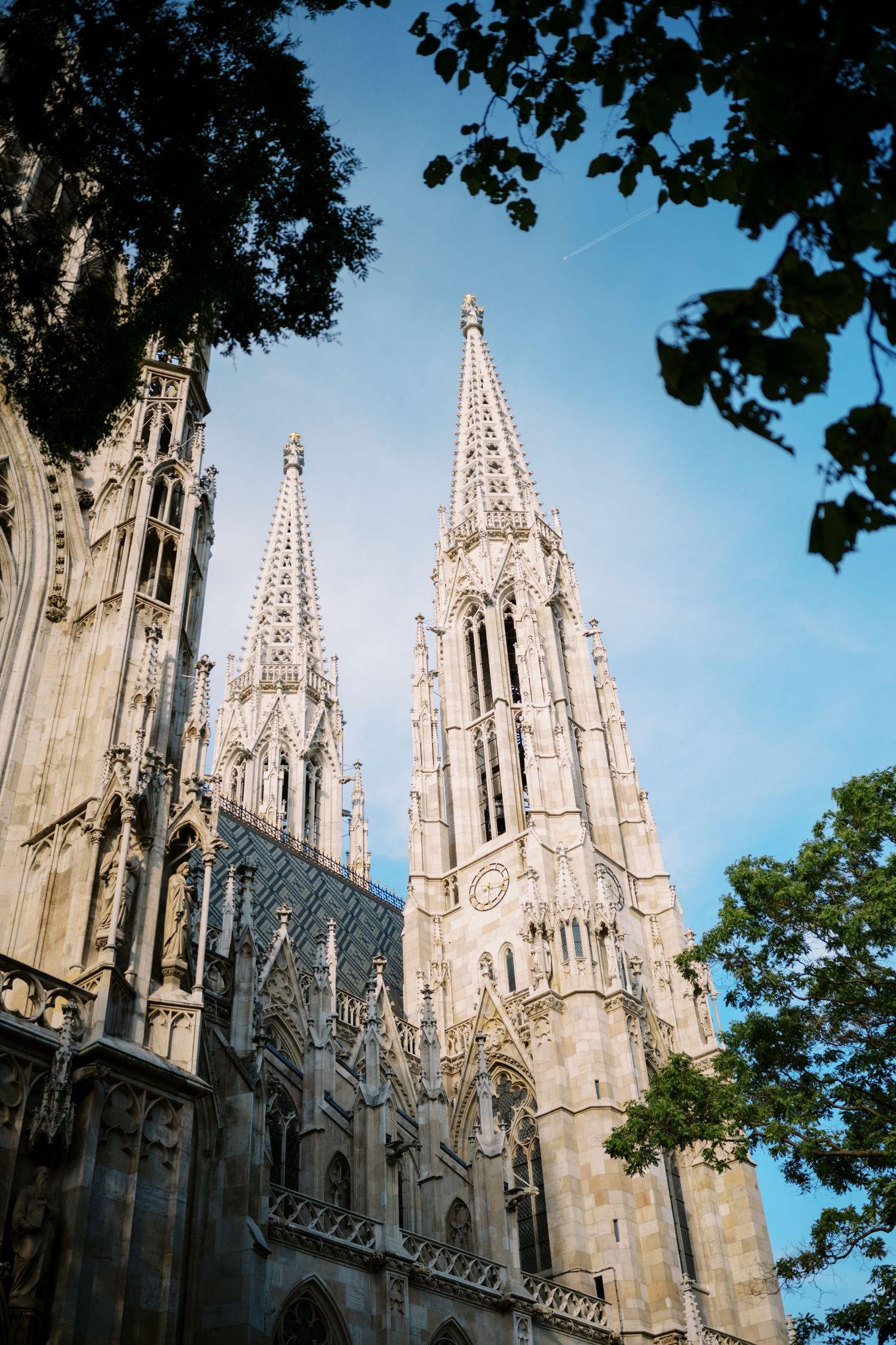 Gothic spires of a cathedral reach toward a blue sky framed by tree branches.
