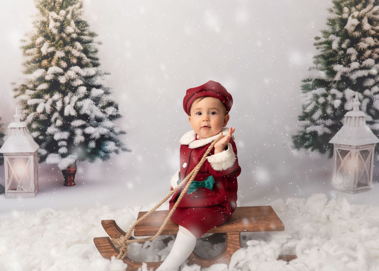 christmas outfit, sleigh, snow, christmas trees