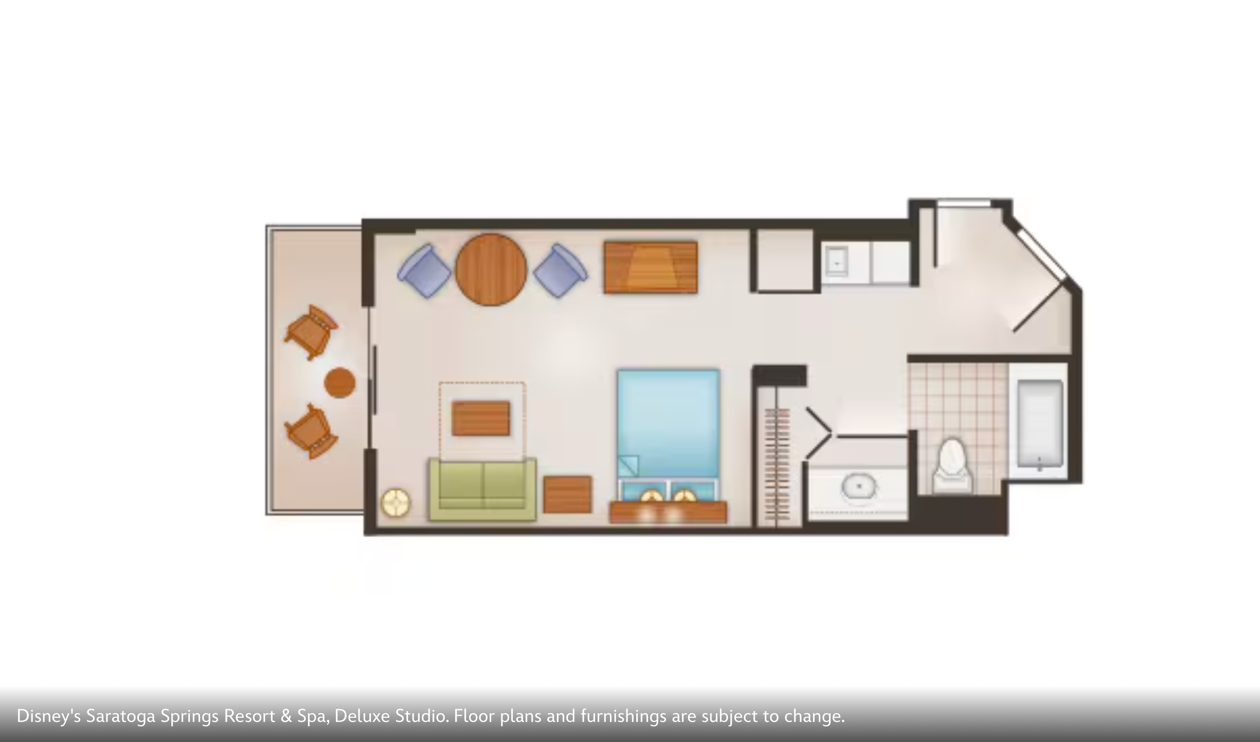 Floor plan layout of a deluxe studio room showing furniture arrangement and amenities.