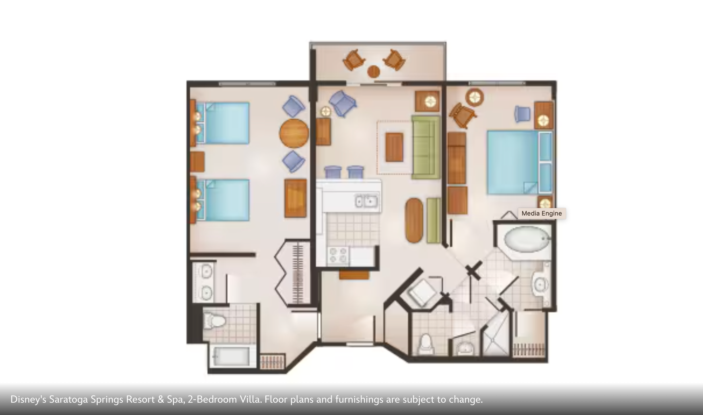 Floor plan layout of a deluxe studio hotel room with living area, bathroom, and queen bed at Disney's Saratoga Springs Resort.