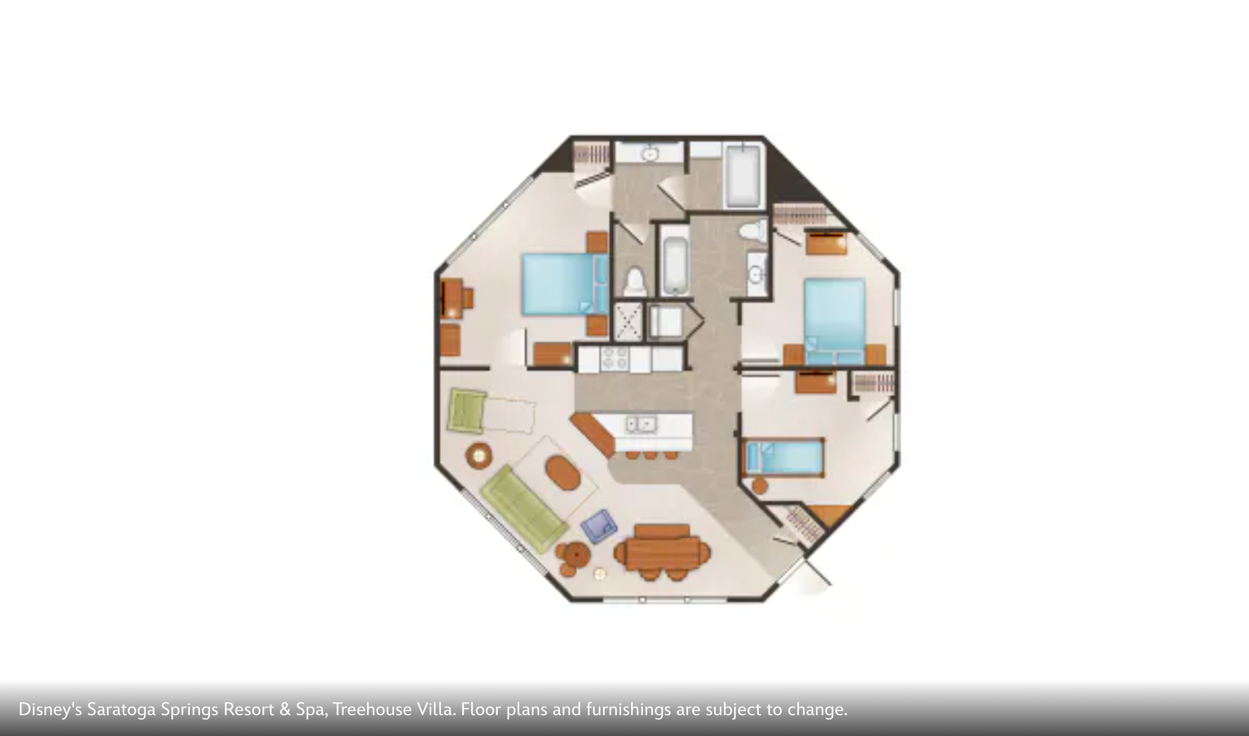 Treehouse villa floor plan showcasing elevated three-bedroom layout with wraparound deck.