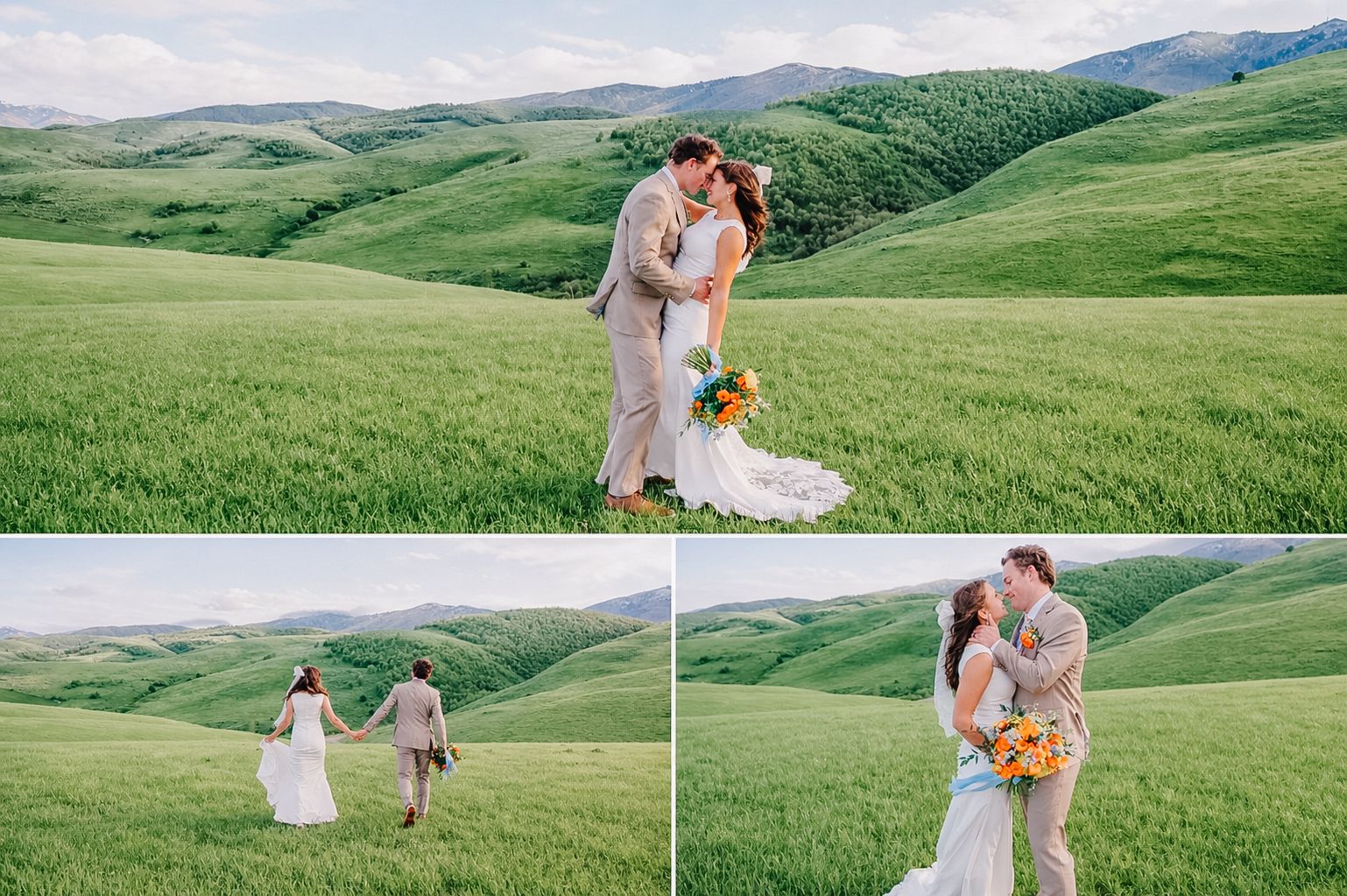 Bride and groom share a romantic kiss in a lush green meadow with rolling hills backdrop on their wedding day.