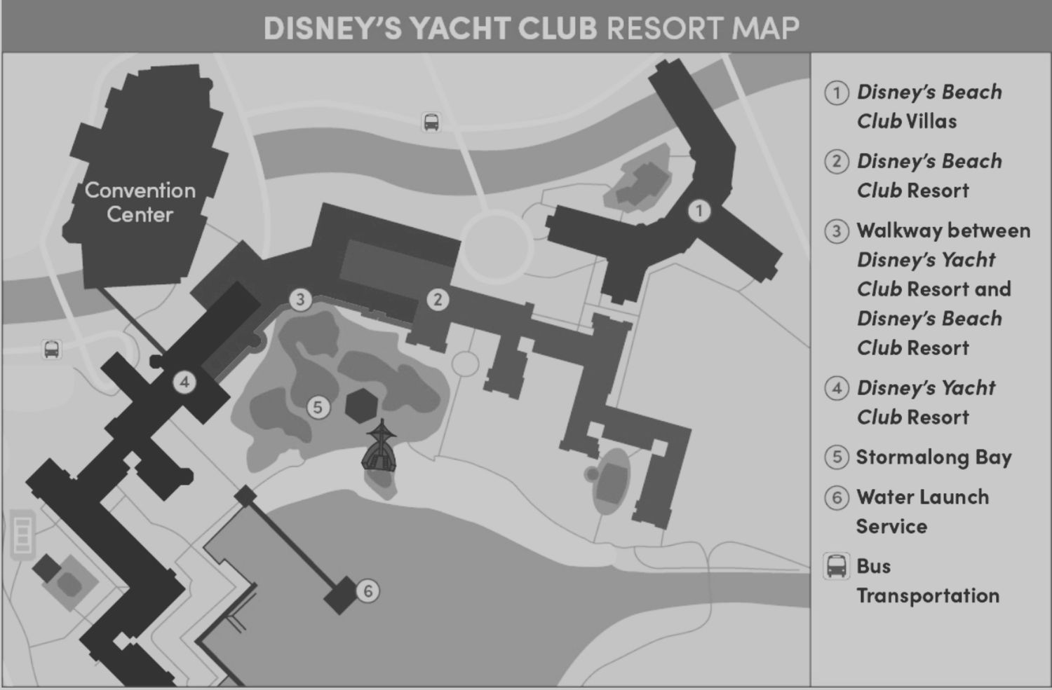 Detailed resort map showing layout of Disney's Yacht Club Resort and surrounding facilities.