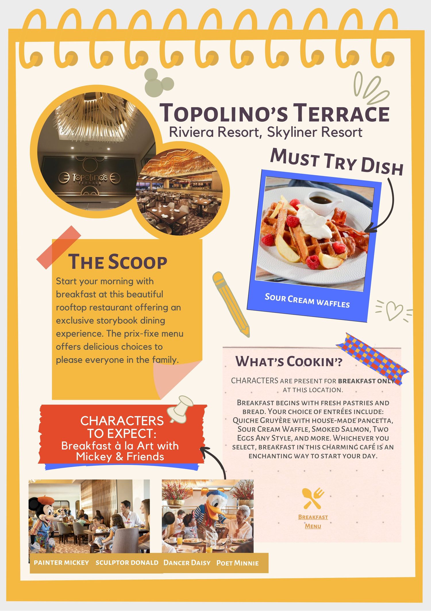 Promotional flyer for Topolino's Terrace restaurant featuring menu items and dining experience details.