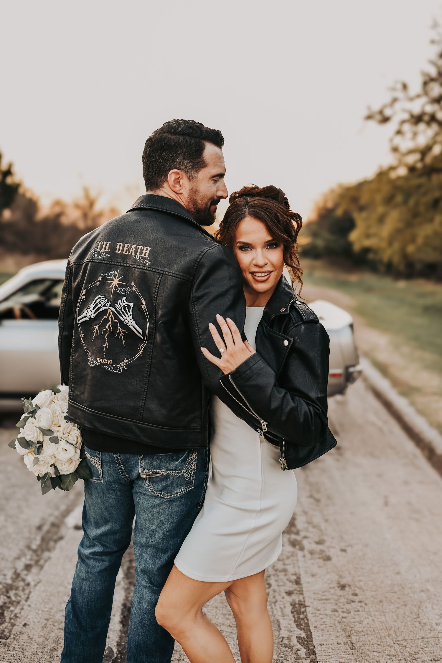 cinematic engagement session with retro Mustang and high fashion couple