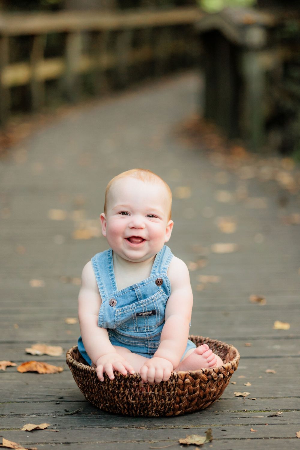 Smiling baby in denim overalls sitting in a wicker basket on a wooden bridge covered in autumn leaves.