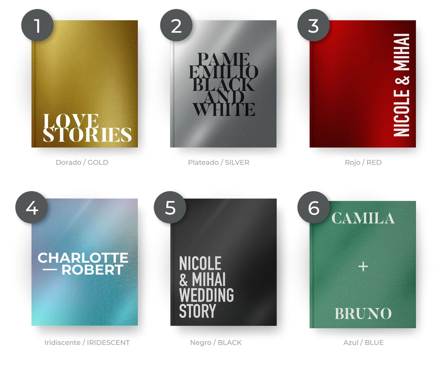 Six metallic photo book cover color options including gold, silver, red, iridescent, black, and blue.