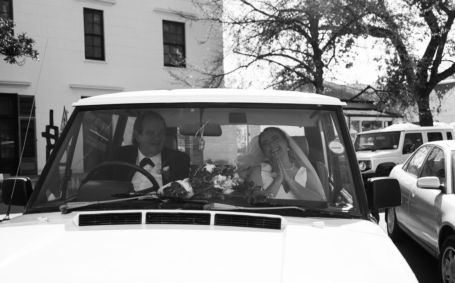 Waiting outside of the church.