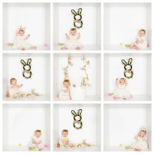 A collage of nine photos featuring an adorable baby in white with Easter bunny decorations and colorful eggs on a white background.
