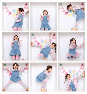 A collage of nine photos of a young girl in a denim dress and striped tights posing playfully in a white shelf.