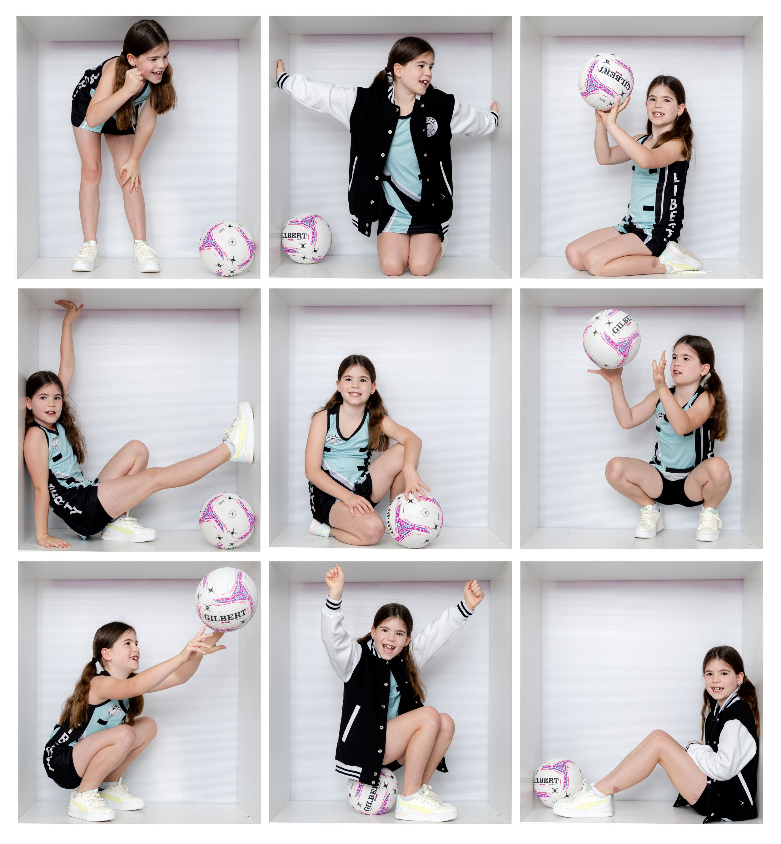 Young girl posing in nine-panel grid with volleyball, wearing teal and black sports uniform and varsity jacket.