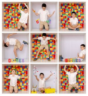 A young boy poses in 9 playful shots against a colorful LEGO brick wall backdrop, spelling out the name Oliver.