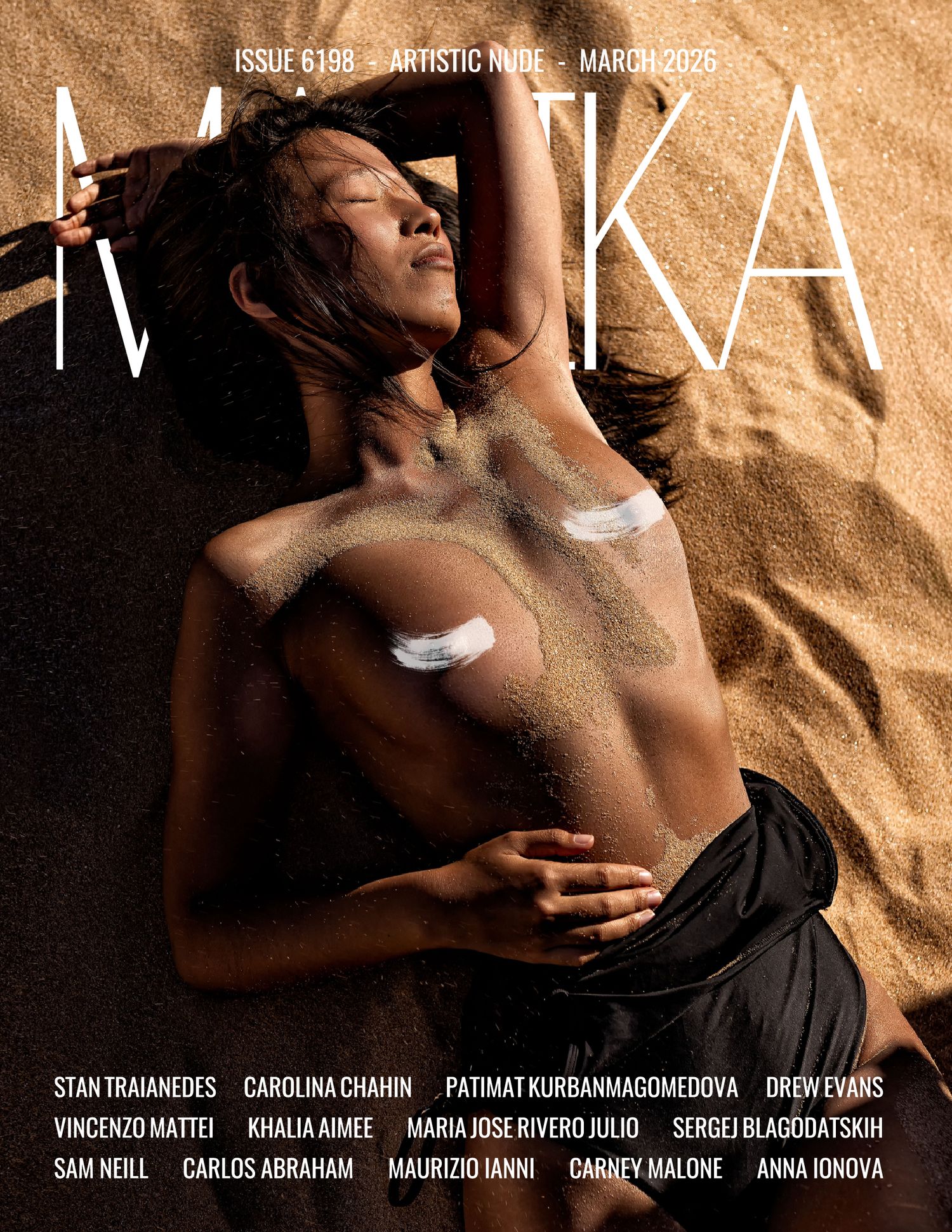 MATKA magazine March 2025 artistic nude issue cover featuring a woman lying on sand with white paint accents.