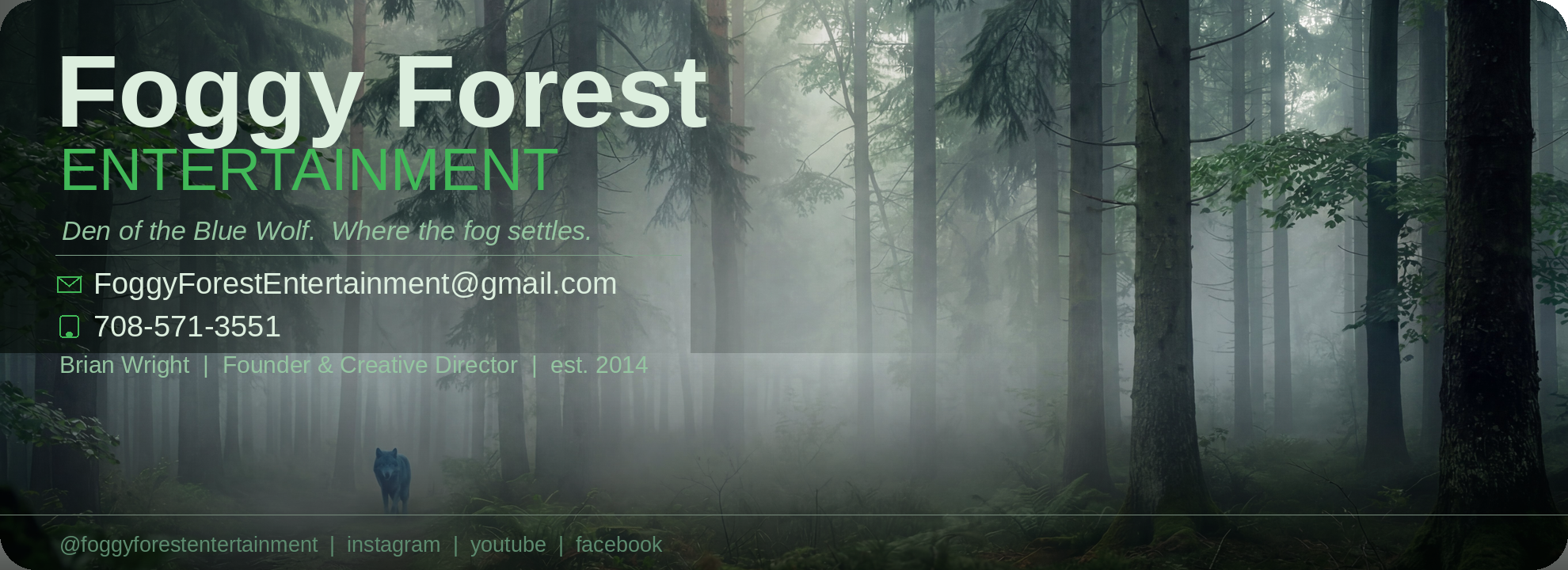Foggy Forest Entertainment dark green business card with misty forest background and contact details.