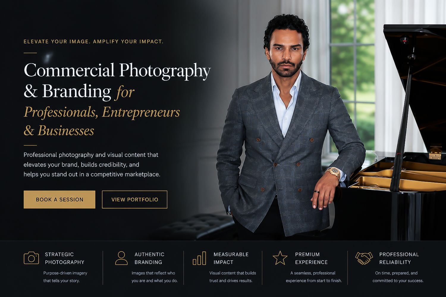 Professional man in gray suit poses confidently for commercial photography and personal branding website homepage.
