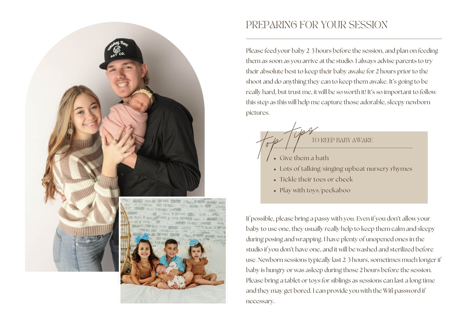 Photography session information page with pricing details and family photo.
