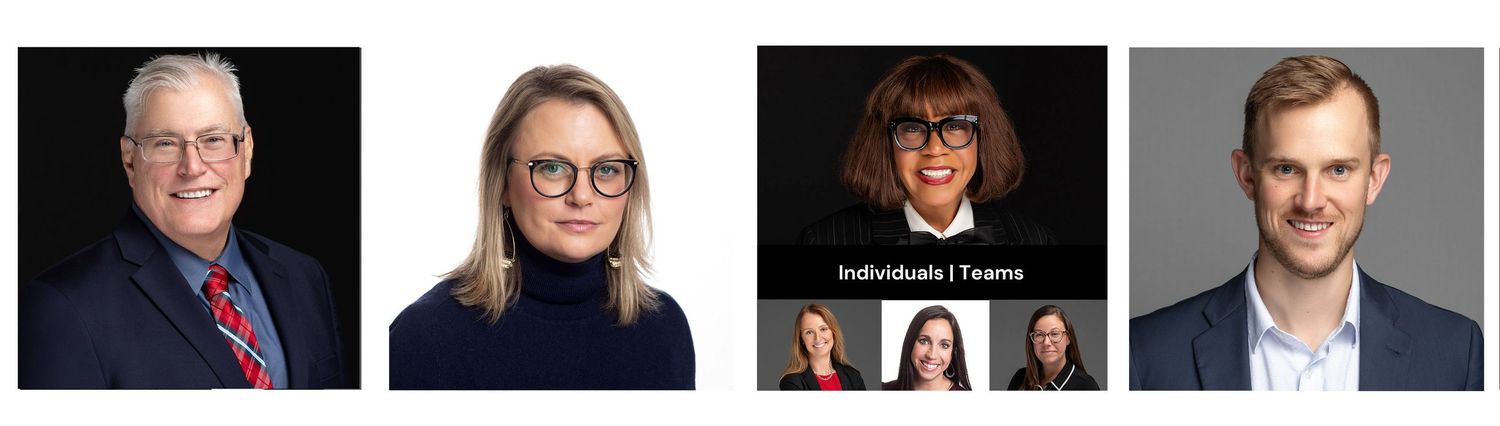 Compilation of photos in which each photo is of one female business professional against a solid monotone background.