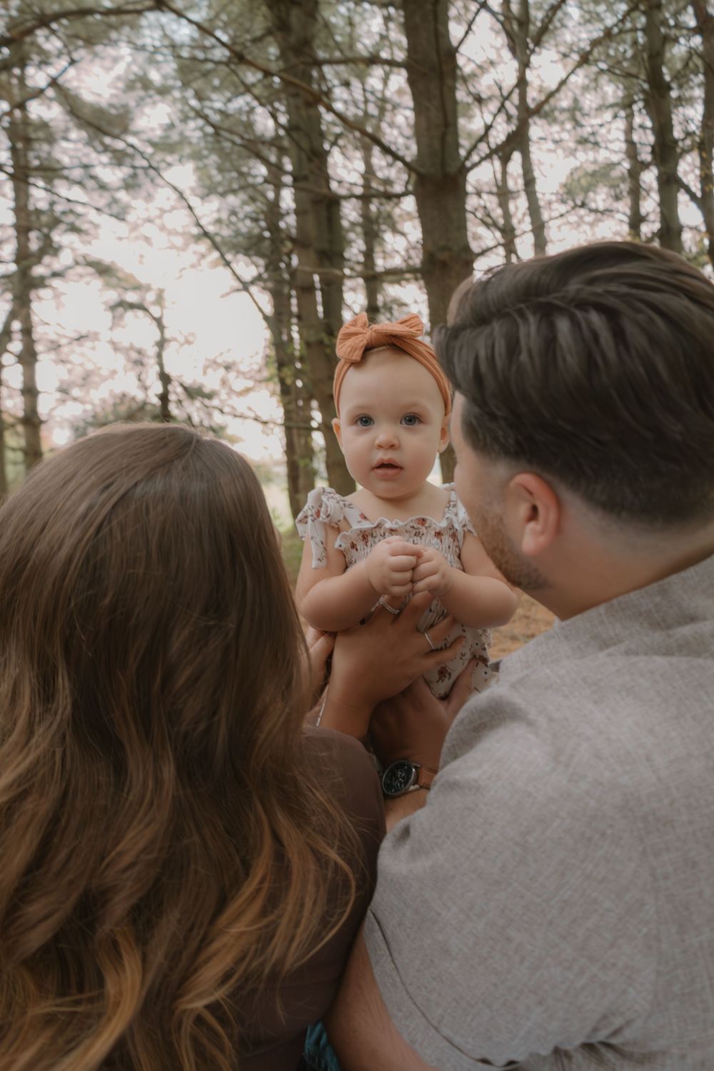 A series of four candid family moments captured in a forest setting with warm lighting and natural surroundings.