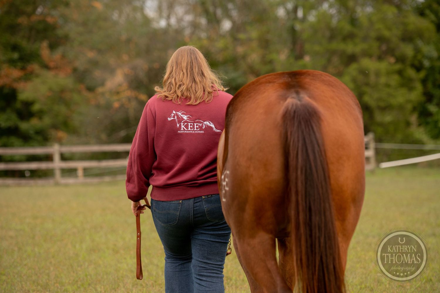 A rear view of someone walking with a chestnut horse in a fenced pasture.