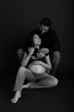 A black and white maternity photo. Studio Maternity Session in Sussex County NJ