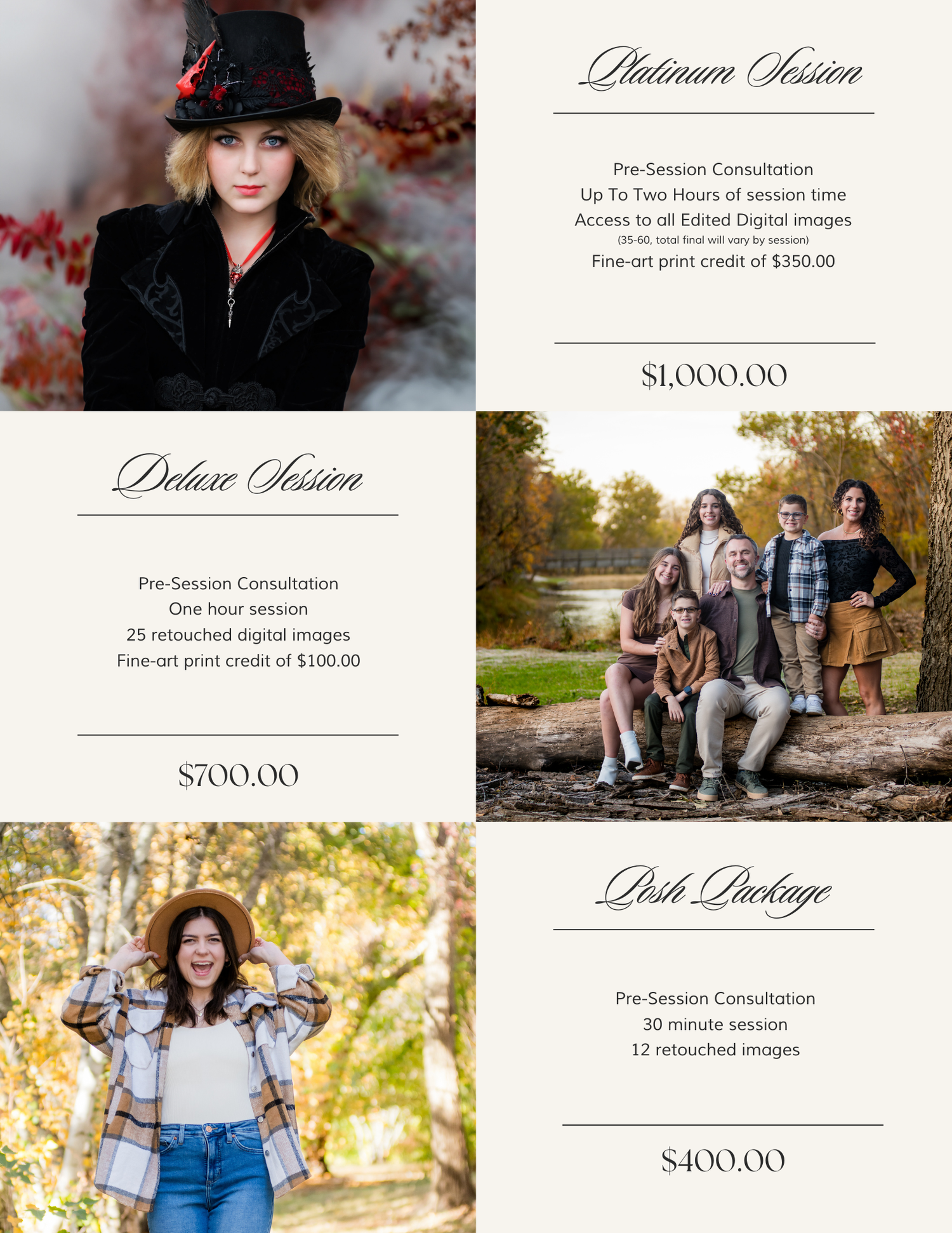 Photography session pricing packages with deluxe options and sample portfolio images.