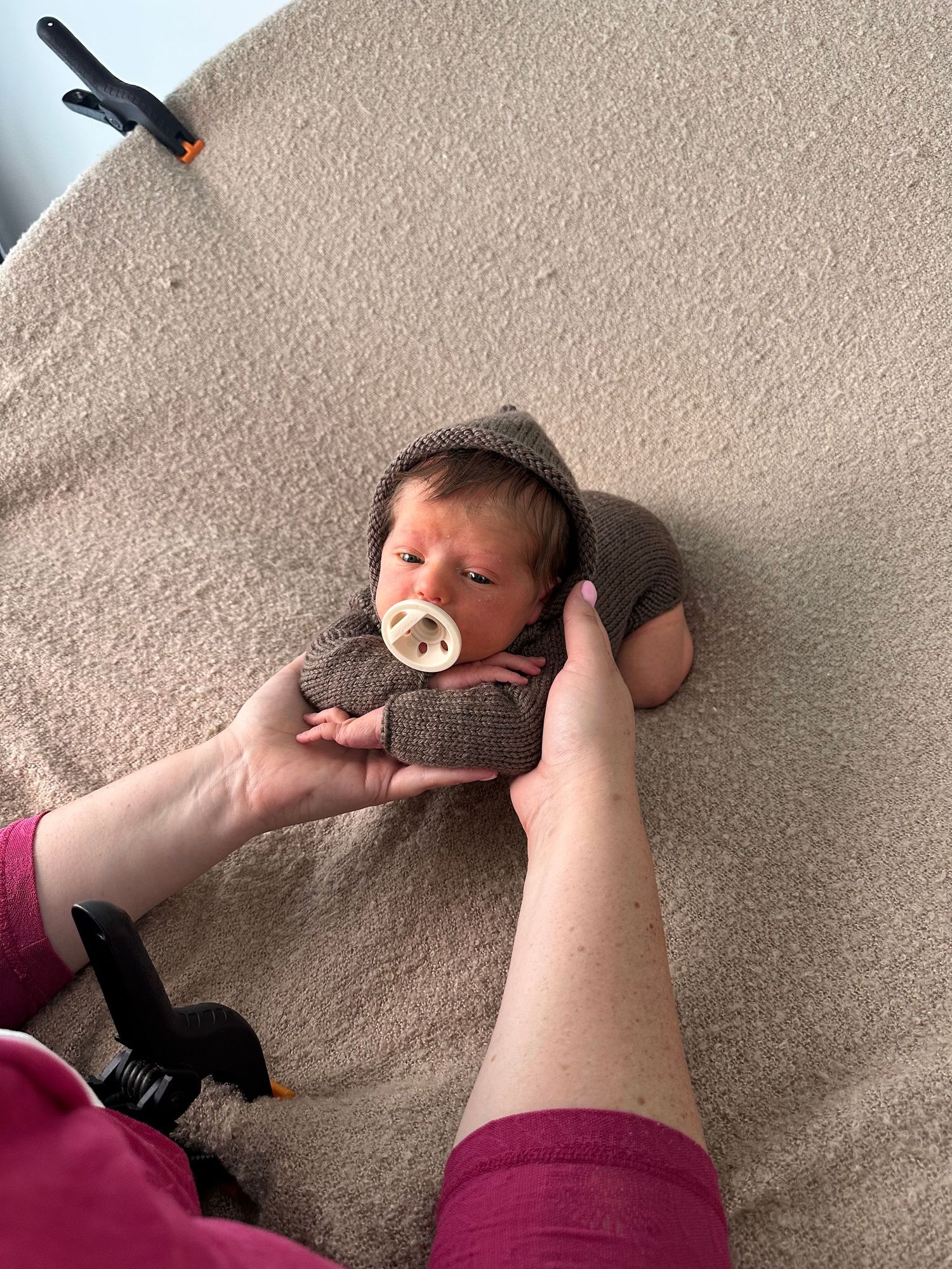 Newborn boy, beige and brown tones, bean bag, studio in Kempsey. Port Macquarie, Coffs Harbour, Mid North Coast.