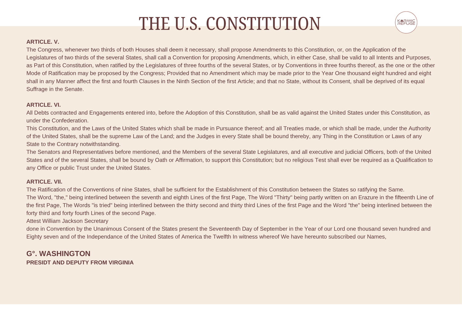 A page from the US Constitution document showing printed text with Article VII and faded paper texture.
