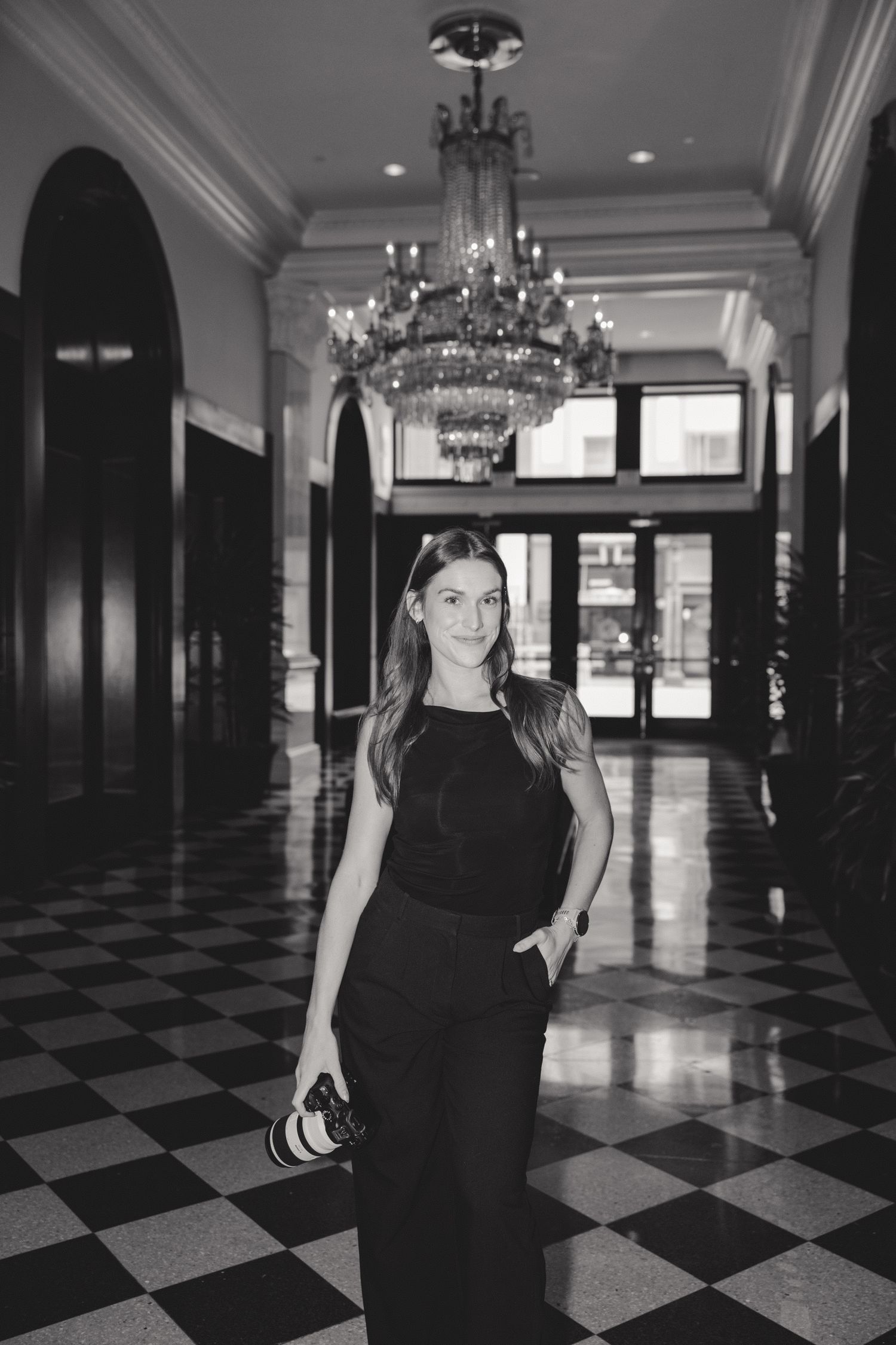 A black and white photo series showing elegant interior shots of a hallway with checkered floors and chandeliers.