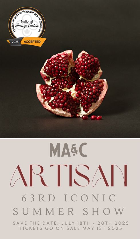 A split pomegranate on dark background promotes MA&C Artisan's 63rd Iconic Summer Show with event details below.