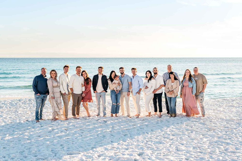 Large Family Portraits on the beach of Destin Florida during sunset time. Best beaches to visit during season. Least crowded beaches in FL.