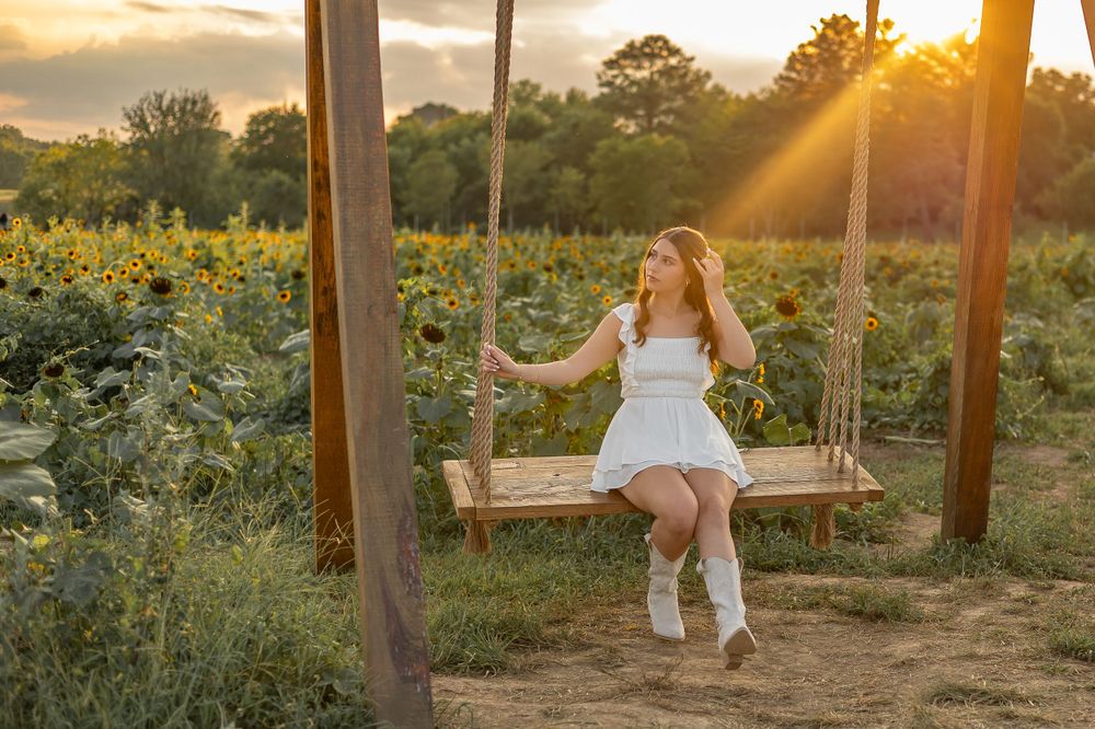 A wooden swing overlooks a sunflower field at golden hour with sunbeams streaming through wooden posts.