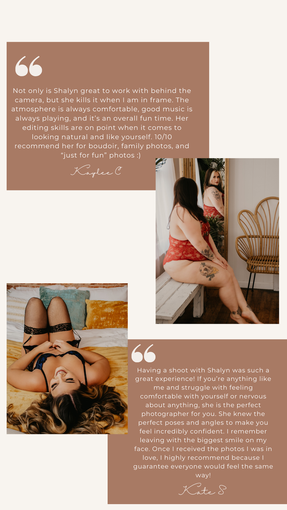 Five-star boudoir photography reviews praising natural, confident, and comfortable photo sessions.