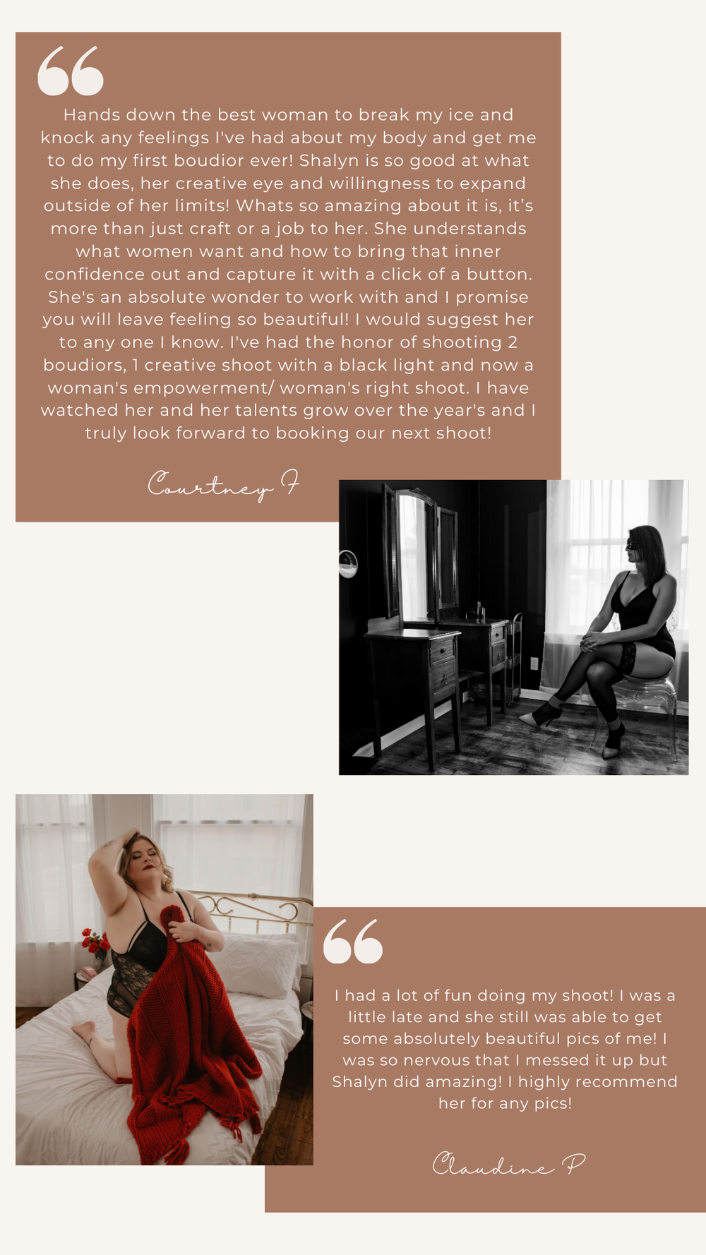 Glowing client reviews highlighting empowering boudoir photography experiences with Shalyn.