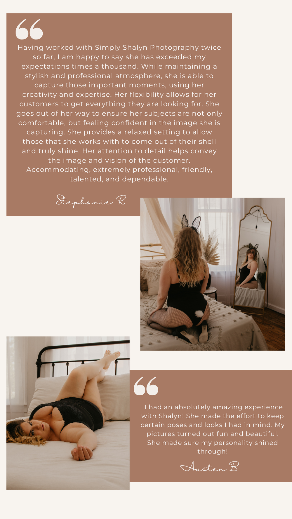 Elegant boudoir photography promotional collage featuring client testimonials and intimate portrait sessions by Simply Shalyn Photography.