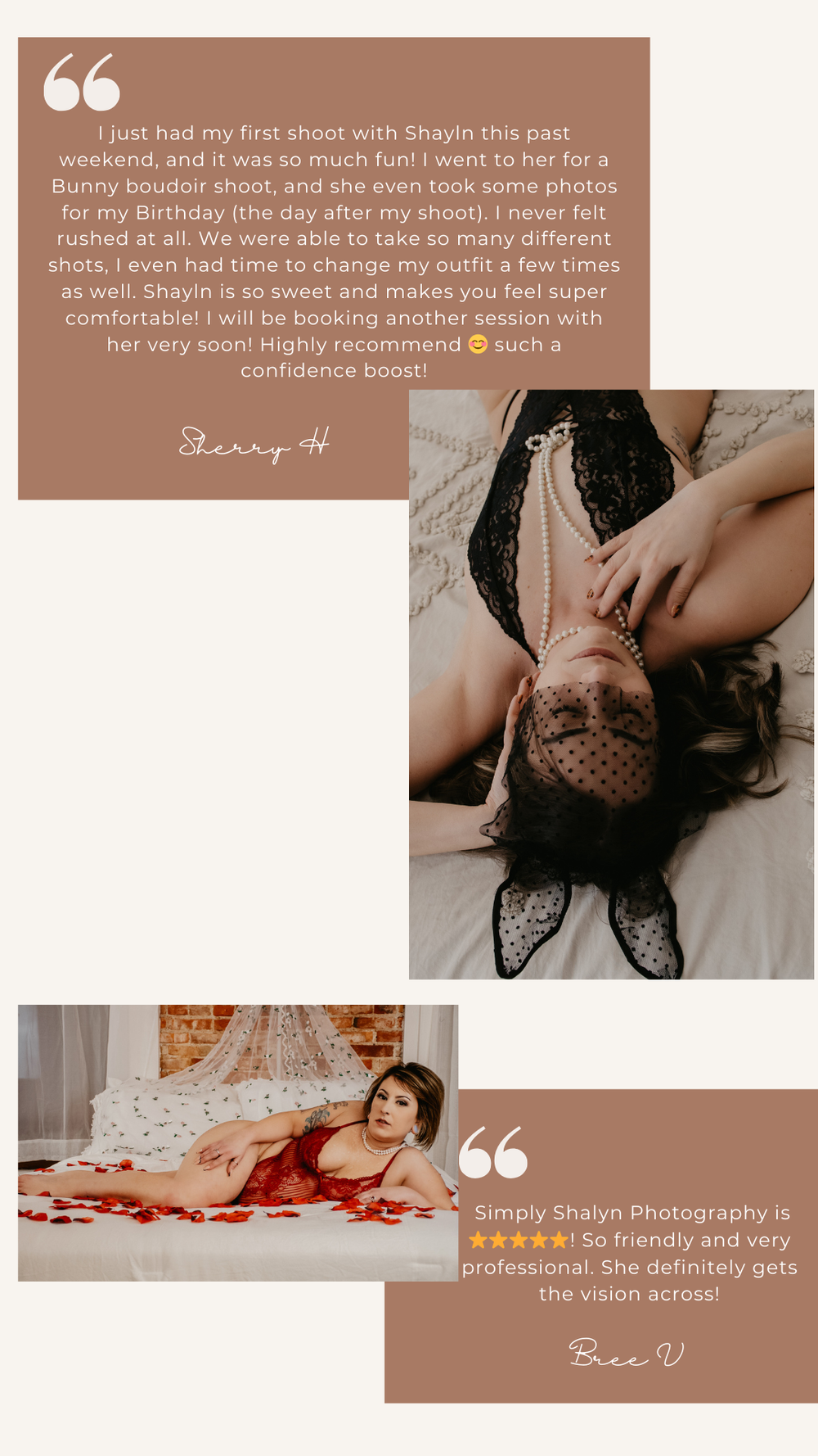 Boudoir photography client testimonial collage featuring two elegant poses with glowing five-star reviews from satisfied customers.