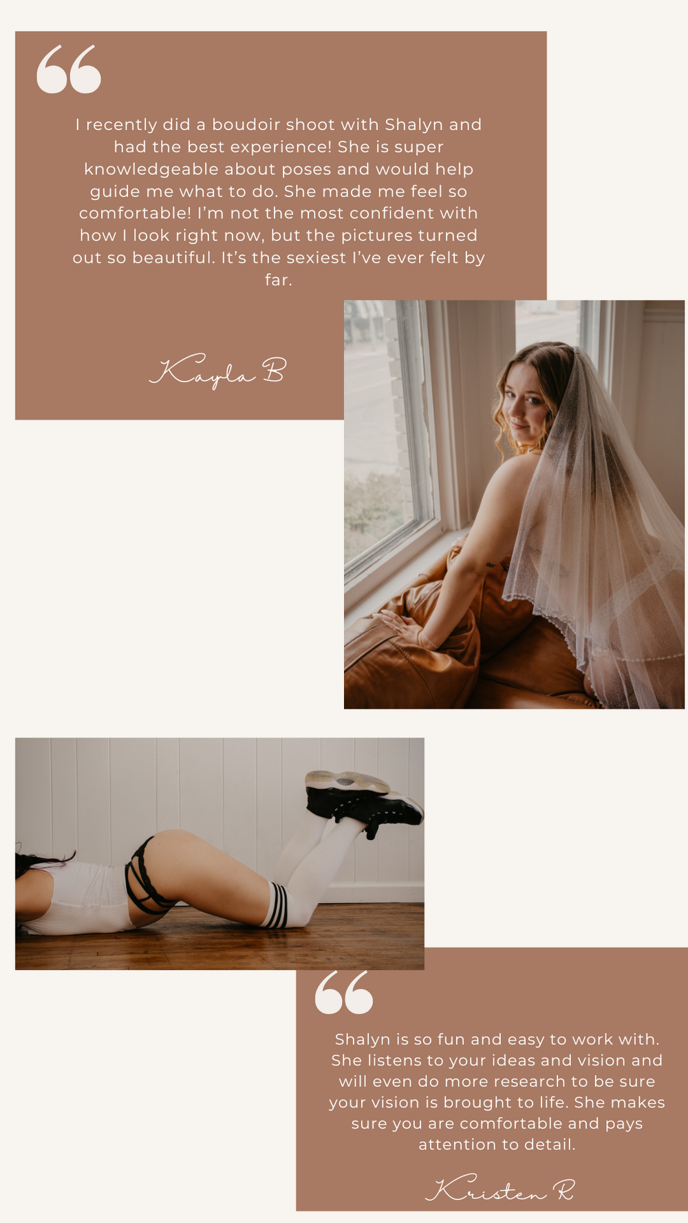 Boudoir photography testimonial collage featuring a bride in a veil posing by a window with client reviews from Kayla B and Kristen R.