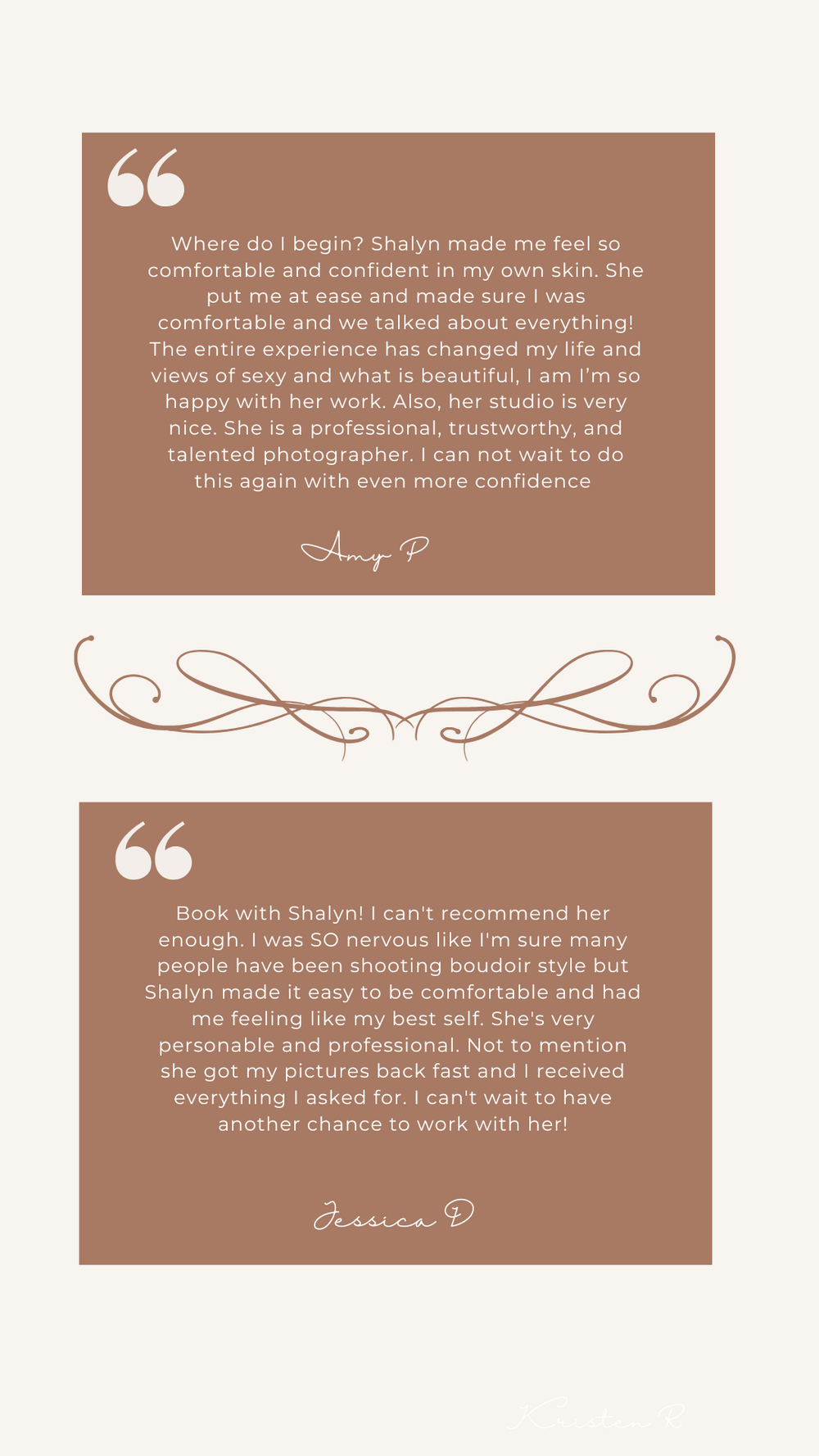 Two glowing client testimonials praising boudoir photographer Shalyn for her professionalism, comfort, and stunning results.