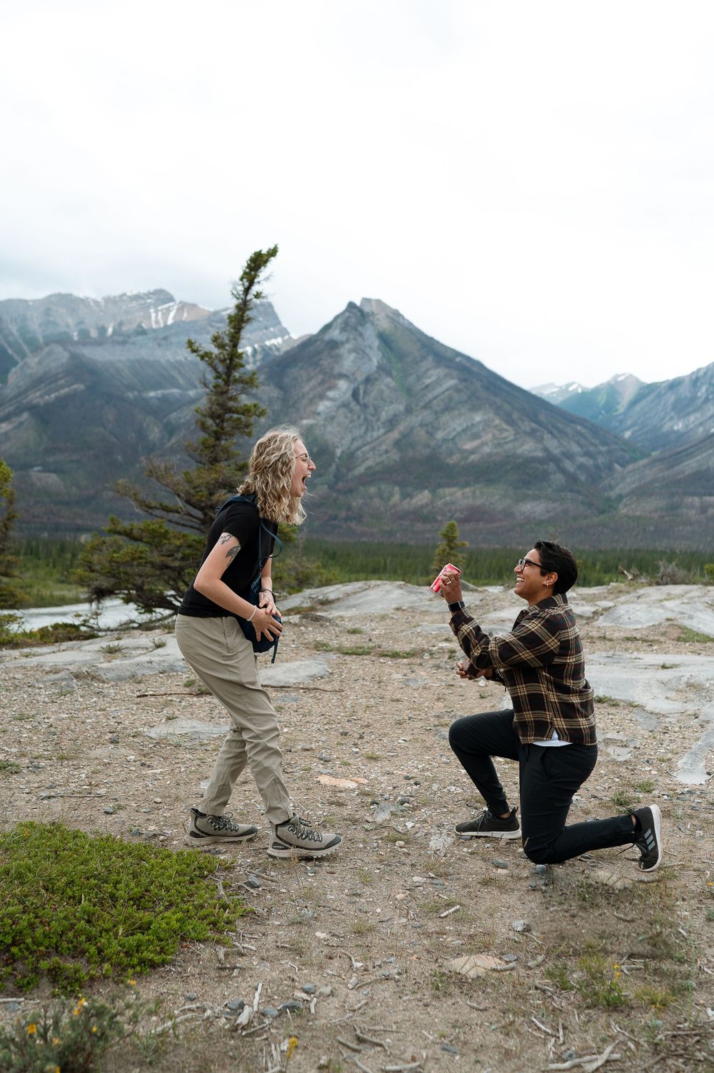 Romantic proposal scene with person on one knee against mountain vista.