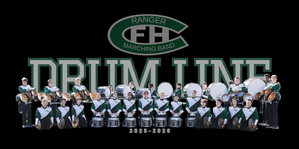 Forest Hills Central Ranger Marching Band Drum Line group portrait in green uniforms for 2025-2026.