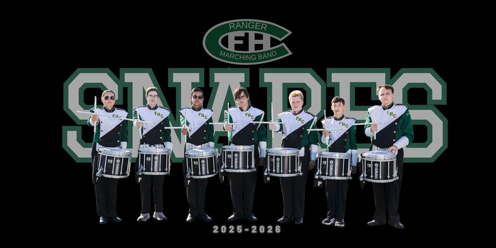 FHC Ranger Marching Band Snares drum line group photo with green and white uniforms on black background 2025-2026.