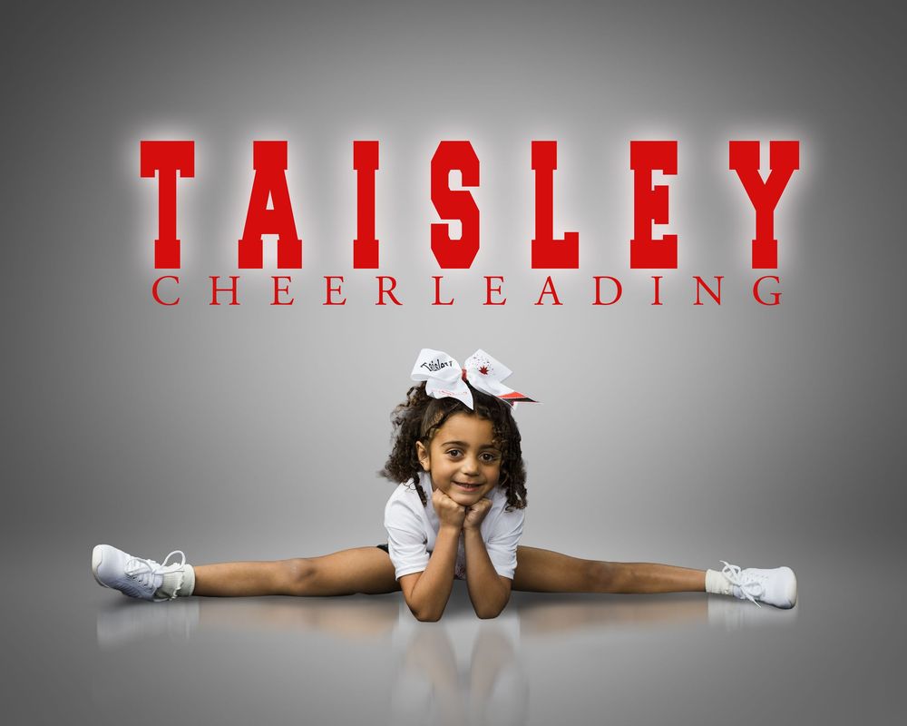 Young girl in cheerleading uniform doing splits under Taisley Cheerleading logo.