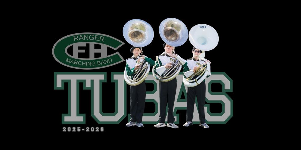 FHC Ranger Marching Band Tubas section portrait with three students holding sousaphones on black background 2025-2026.