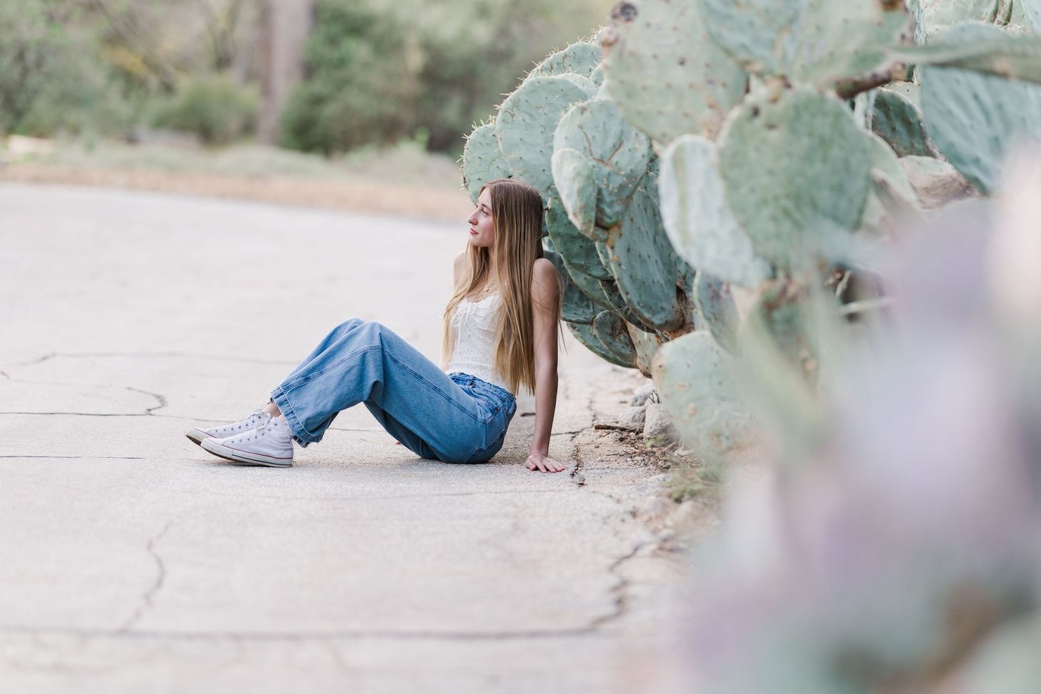 Person in blue jeans sits on ground near desert plants with dreamy pastel atmosphere.