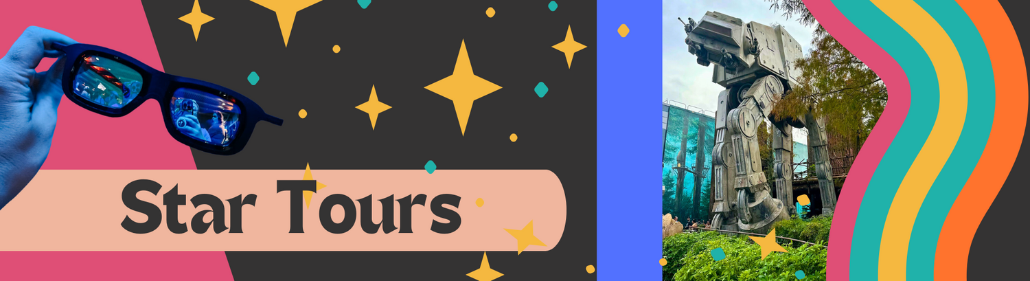 A colorful banner collage featuring theme park attractions and decorative elements with stars and swirling patterns.